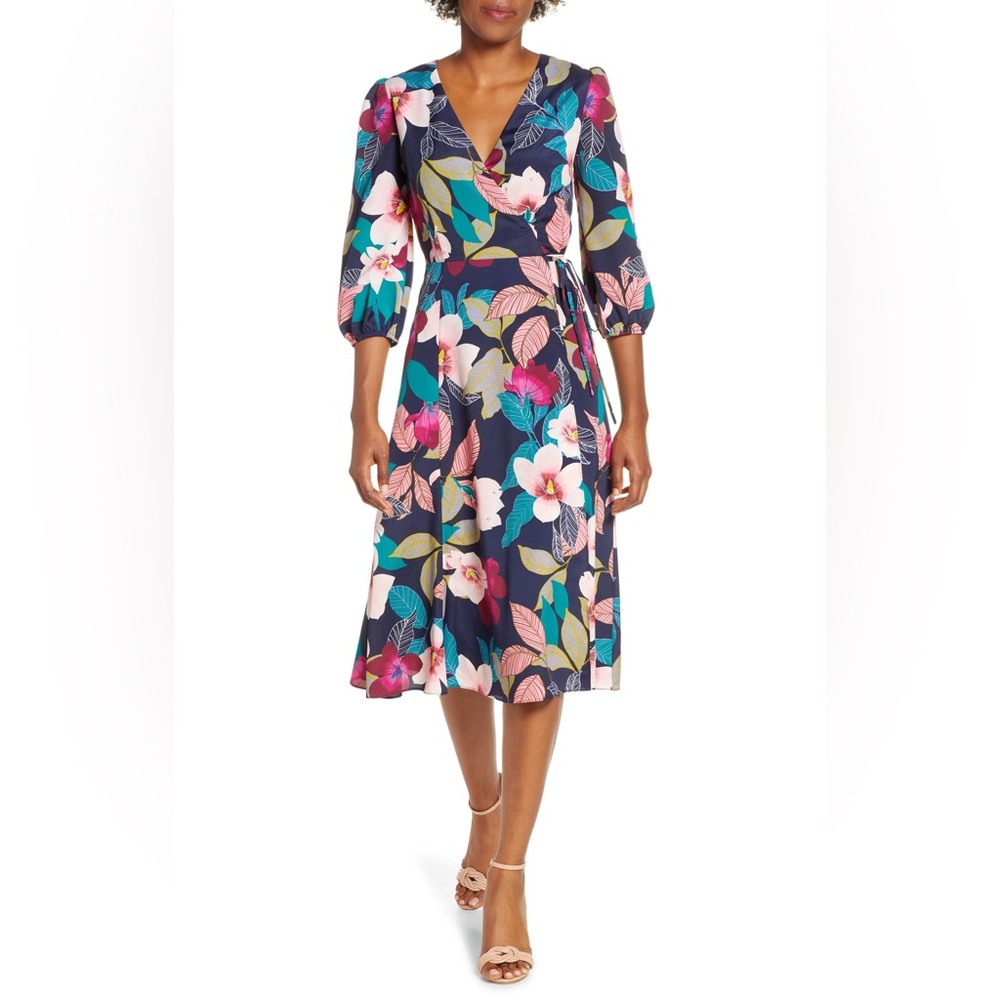 Eliza J Faux Wrap Floral Midi Dress. Size 8P.